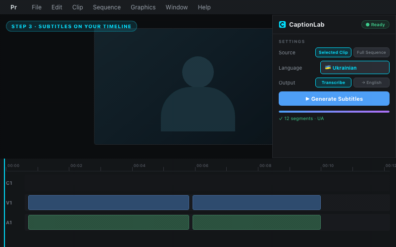 Subtitles appearing on the Premiere timeline as a caption track